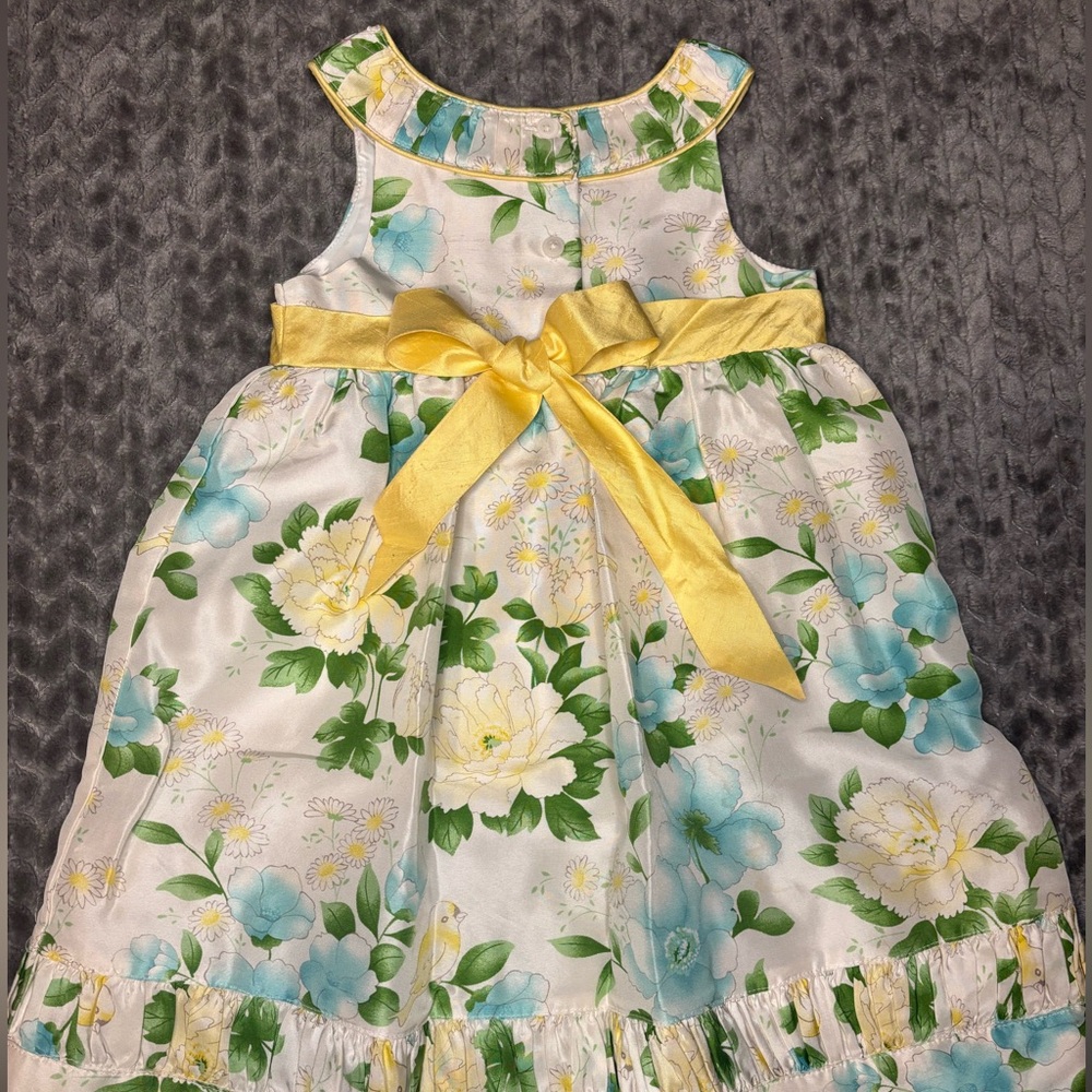 Janie and Jack Yellow and Blue Floral Silk Dress with Bird Details sz 3T - Picture 4 of 6